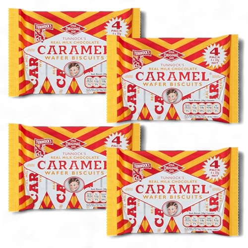 4 Pack (4 x 30g) Tunnocks Milk Chocolate Caramel Wafer Biscuits - (16 Wafer Biscuits Individually Wrapped)