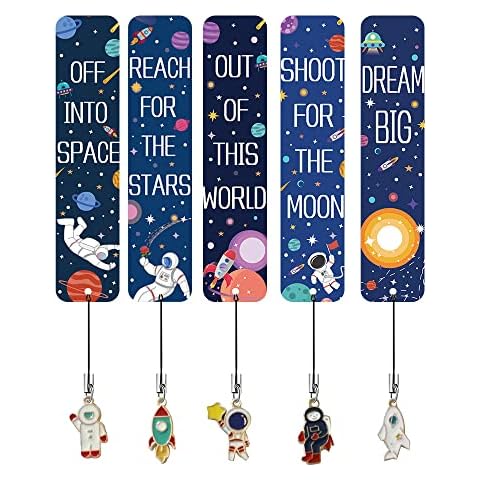 Bookmark for Kids JIJICZ Inspirational Quotes Space Theme Book Marker with Metal Charms, Ruler Reading Page Marker Bookmark for Boys Girls (B) Cover