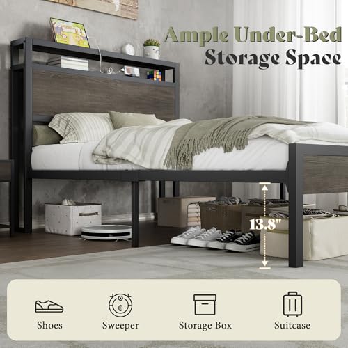 Image of AMERLIFE Twin Size Bed Frame with Storage Headboard & Charging Station, Industrial Metal Platform Bed with Large Under-Bed Storage, Heavy Duty Slats, No Box Spring Needed, Rustic Grey