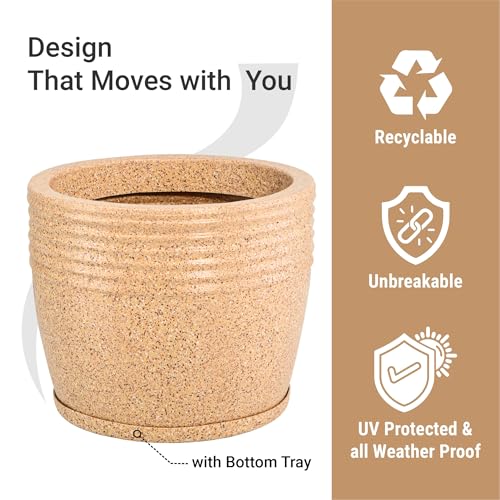 Image of Kuber Industries 12-Inch Roto Mould German Polymer Big Size Flower Pot with Bottom Tray | Indoor /Outdoor Tree Gamla Planter for Living Room, Resorts, Hotels, Terrace & Garden | Marble Sunshine - Sand
