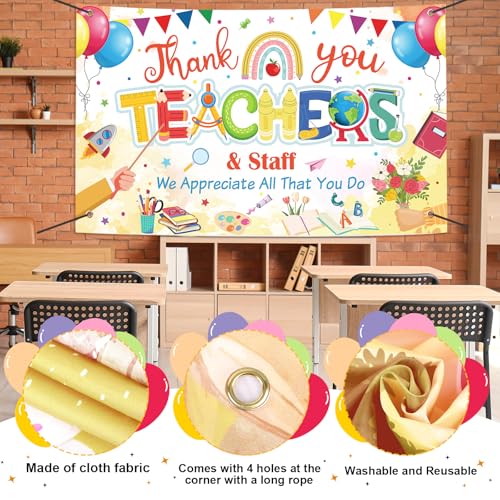 Image of Happy Teacher Day Banner Teacher Appreciation Week Decorations Flag Outdoor 71x44 Inch School Classroom Backdrop,Thank You Teacher Gifts for Indoor Home Party Supplies,Yard Sign Photography Background
