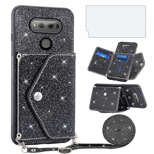 Asuwish Phone Case for LG V20 Wallet Cover with Tempered Glass Screen Protector and Crossbody Strap Lanyard Bling Glitter Credit Card Holder Stand Cell Accessories LGV20 LG20 V 20 ThinQ Women Black