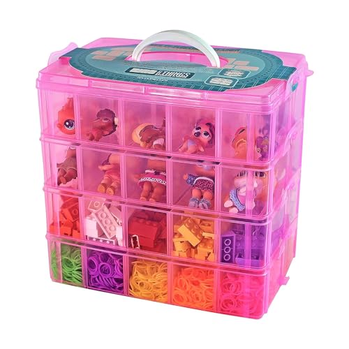 Bins & Things Pink 4-Tier Stackable Storage Containers with lids - 40 Adjustable Compartments for Craft Organizers - Storage box for Jewelry, beads, kids toys, makeup box and sewing supplies - Large