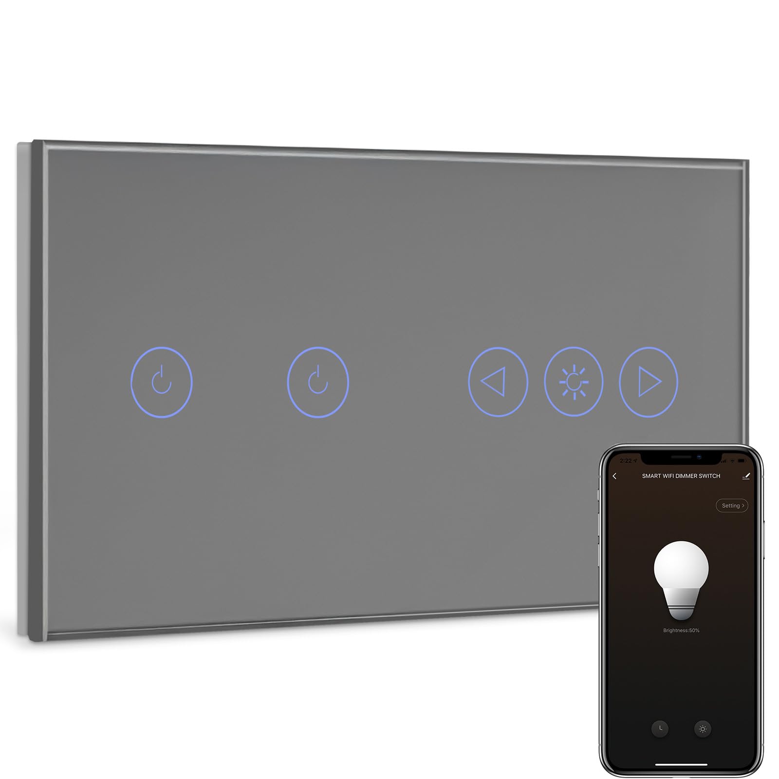 BSEED Interruttore WIFI Tattile e Interruttore Dimmer WIFI Alexa 2 Gang 1 Via Interruttore Smart Compatibile con Google Home, Interruttore a Parete Grigio(Richiesto la Linea Neutra)