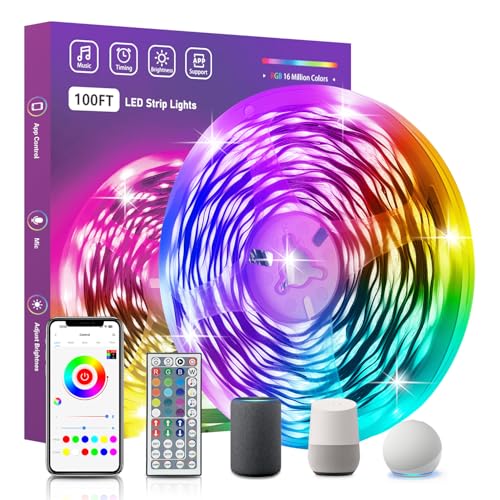 Image of FONEWE Smart WiFi LED Lights 100 ft Remote Control Through APP Led Strip Lights Supports Alexa and Google Assistant Timing Function RGB Color Changing LED Lights for Bedroom and Party