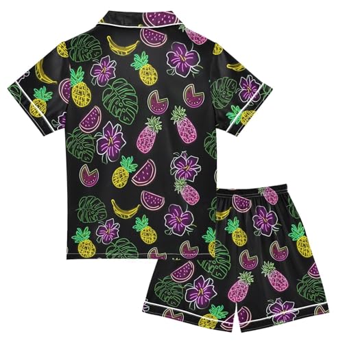 ALAZA Neon Watermelon Pineapple Black Satin Pajamas Set Short Sleeve Button Down Sleepwear Summer Pjs 2 Piece2