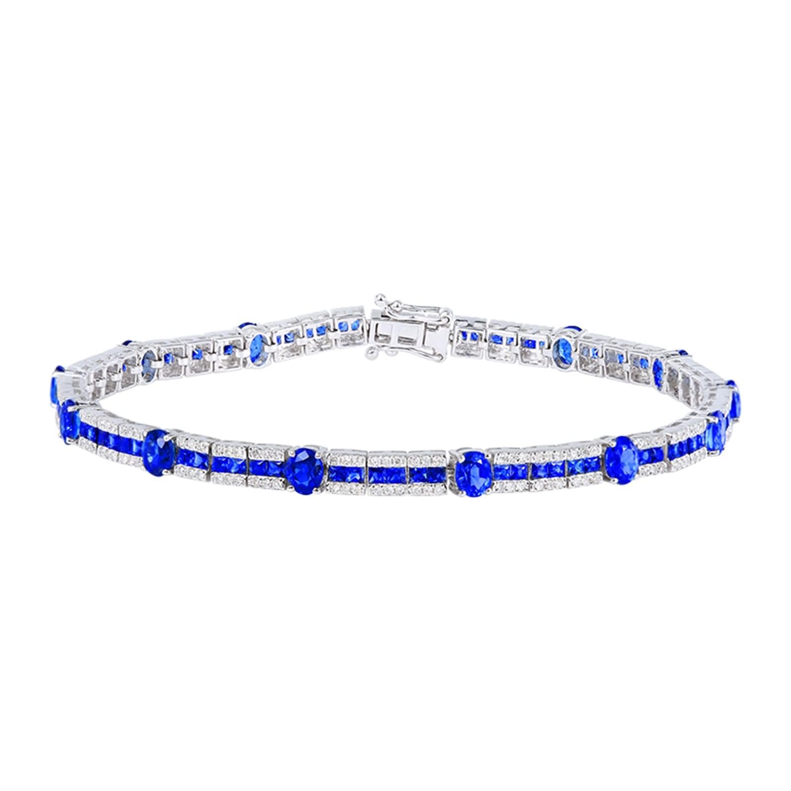 Pulsera Mujer Oro Blanco 9K / 14K / 18K, Oval con Zafiro Creado de 5,91 ct y Diamante, Cadena 16 CM, Pulseras de Mujer de Plata Azul