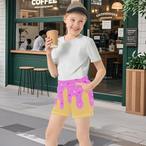 Girls Athletic Shorts Ice Cream Printed Kids Gymnastics Yoga Dance Biker Shorts with Pocket 7-15Years3