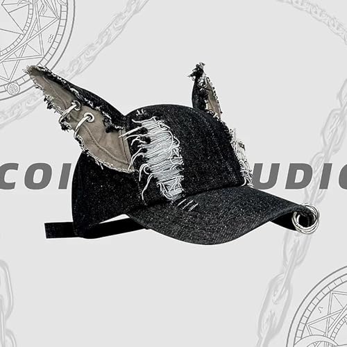 Image of CORIRESHA Cute Bunny Hat with Ears Y2k Grunge Metal Iron Ring Chain Distressed Denim Baseball Cap