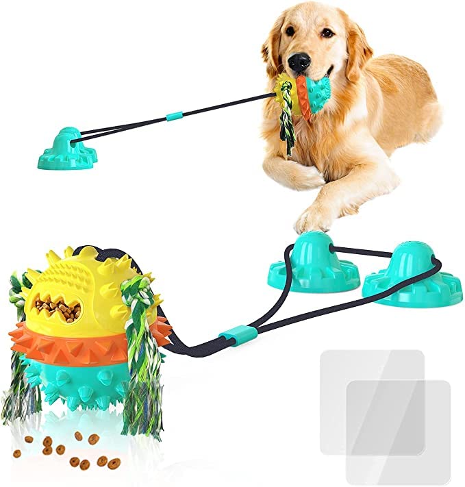 Image of PetVogue Interactive Dog Toy Include a tug-of-war Rope with a Teeth-Cleaning Ball a Suction Cup Dog chew Toy for Aggressive chewers a Treat-Dispensing Squeaky Dog Toy with Self-Playing (Blue, Yellow)