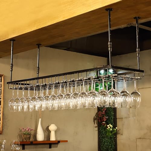 Hanging Wine Rack with Glass Holder,Ceiling Wine Bottle Display Shelf,Height Adjustable Wall Mounted Ceiling Bar Wine Glass Organizer Shelves,Home Wine Storage Rack for Kitchen Bars Restaura