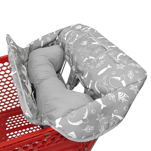 Image of Love&go Soft Pillow Attached 2-in-1 Shopping Cart and High Chair Cover for Baby, Cotton Padded Cart Cover, Fold'n Roll Style, Portable with Carry Bag (Gray Seaworld)