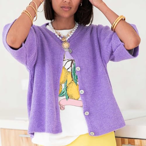 Image of Womens Button Up Short Sleeve Cardigans Sweater Cropped Lightweight Round Neck Elegant Knit Tops with Pockets