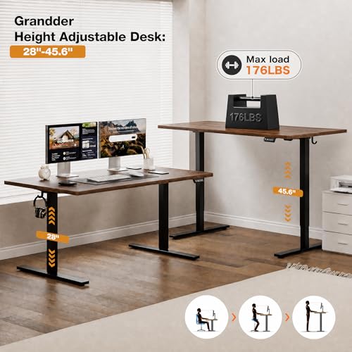 Image of Grandder 47x32 Large Electric Standing Desk, Height Adjustable Computer Desk with 2 Memory Presets, 31.5 inch Deep Desktop Sit Stand Desk Home Office Desk Workstation Table with Hooks, Walnut