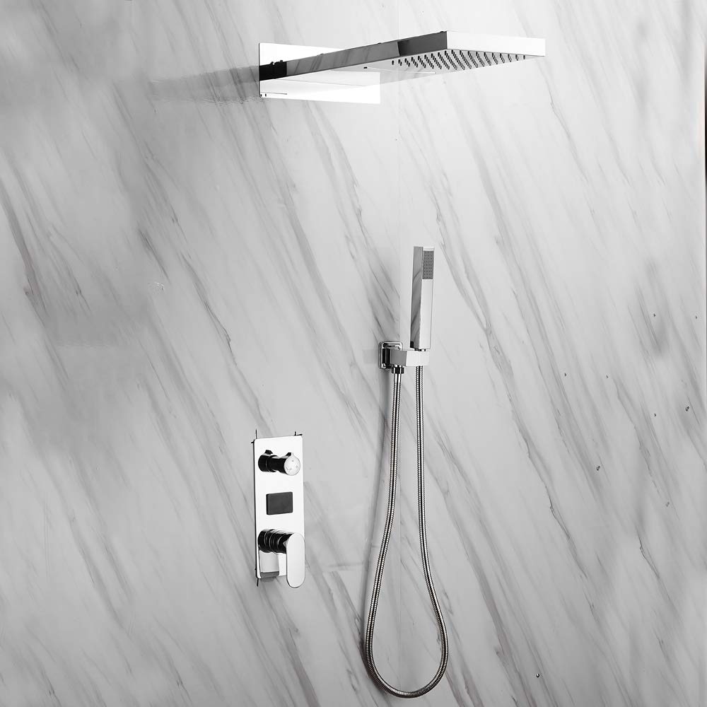 Robinet de douche mural avec douche à effet pluie - Mitigeur Douche - Avec douchette à main - Montage mural - Design cascade - Système de douche à LED thermostatique