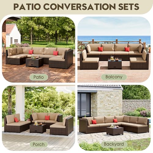 Image of LHBcraft 7 Piece Outside Sectional Furniture Set, All Weather Wicker Patio Sofa, Outdoor Sectional Balcony Furniture with Beige Cushion & Glass Coffee Table
