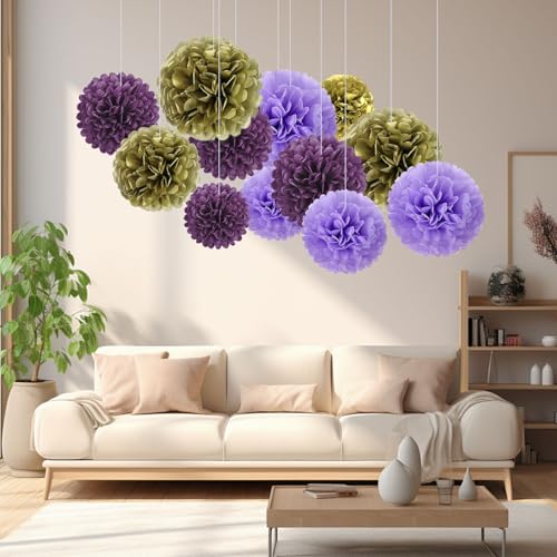 Image of 18 PCS Tissue Paper Pom Poms, Tissue Pom Poms Flowers, Sizes of 6 inch, 10 inch, 12 inch, 14 inch Hanging Paper Flower Ball for Wedding, Birthday, Halloween, Christmas, Baby Shower Party Decor (Gold Purple)
