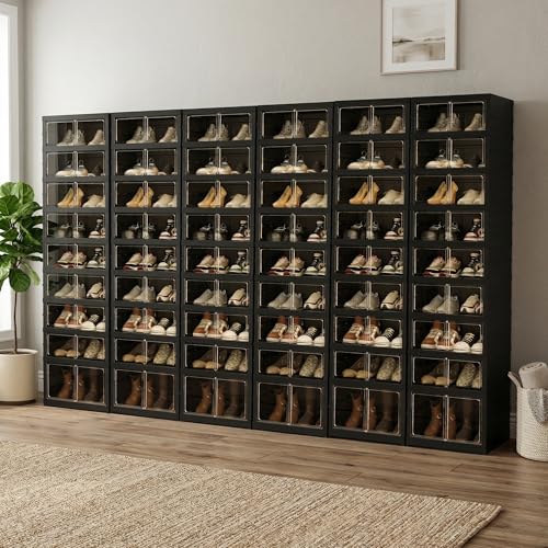 Image of Foldable Shoe Organizer Storage Box Set of 6, Portable Extra Large Folding Shoe Rack for Closet, Shoe Storage Box with Magnetic Transparent Door and Wheels, 9 Layers 18 Grids with 2 Big Grids