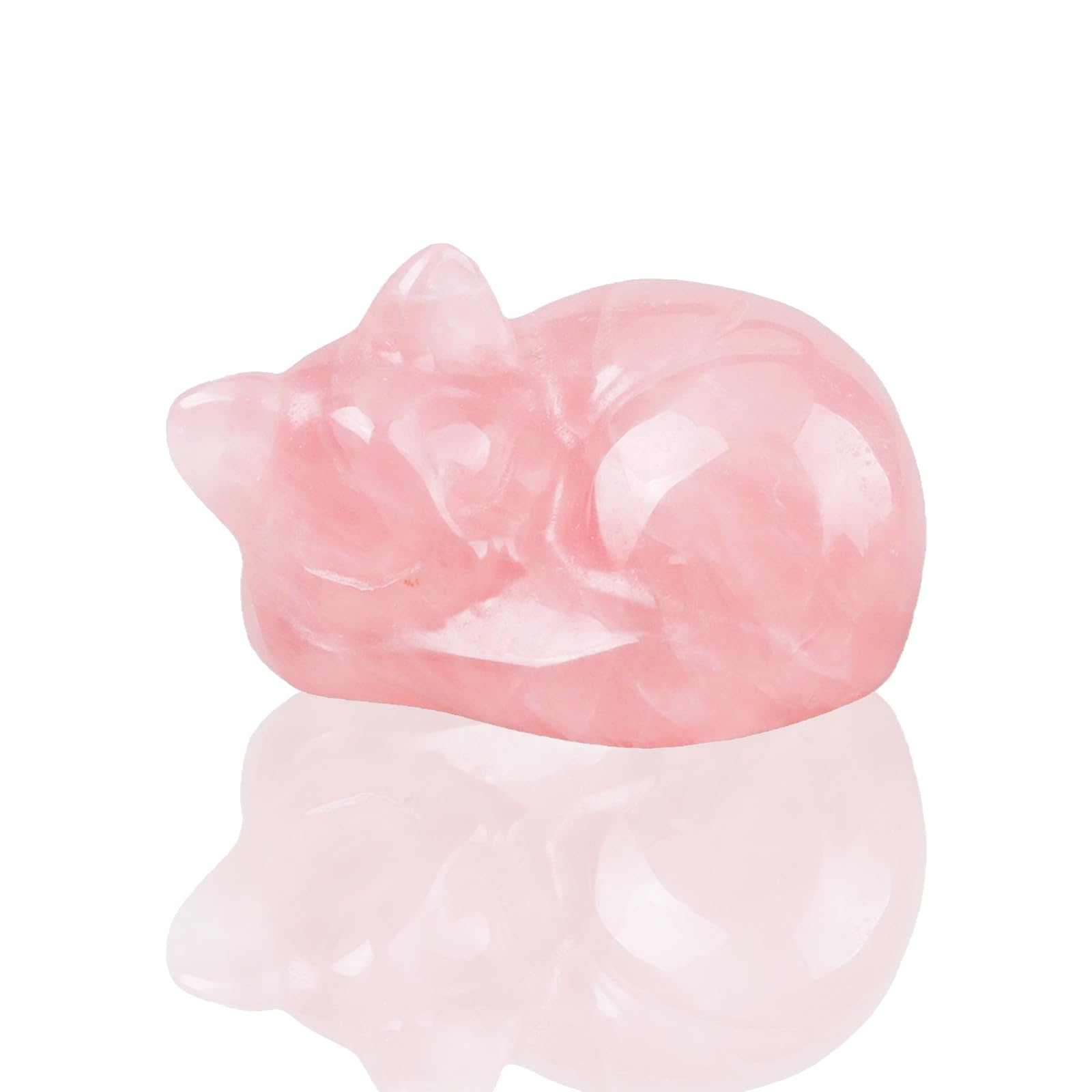 Pink Rose Natural Quartz Crystal Cat Figurine with Transparent Box, Sleeping Cat Ornaments Gift for Woman, Cute Stone Cat Statue for Home or Office Desk Decor Car, for Cat Lovers