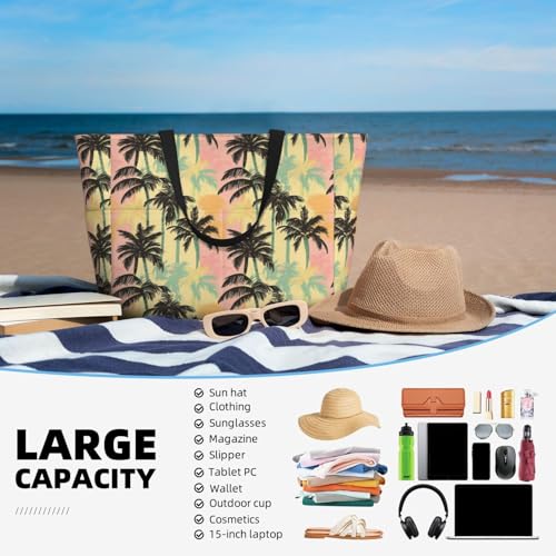 Large Beach Bags for Women Sandproof - Tropical Coconut Palm Print Summer Travel Work Tote Bags with Zipper4