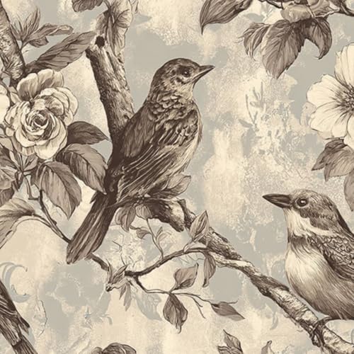 壁紙 45cm x 300cm 剥がせる セピア調のヴィンテージな鳥と花のイラスト 多機能 防水/汚れ防止/防油 食器棚 クロ 玄関 ふすま紙 家具 部屋 DIY 賃貸OK