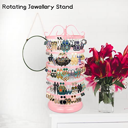 LASZOLA 5 Tiers 360° Rotating Earring Holder Organizer, 220 Holes Metal Necklace Bracelet Jewelry Display Rack Stand Tower - 14x6.3 Inch (Pink) - Image 6
