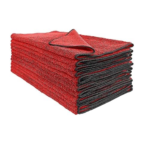 Detailer's Preference All-Purpose Dual Pile Terry Weave Microfiber Towels, Red with Black Trim, 380 GSM 16”x24”, 12-Pack Cover