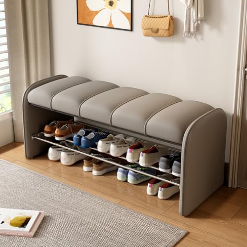 MSHGSKU Banco Moderno de 2 Niveles para Zapatos con cojín. Elegante otomana de Almacenamiento de Cuero Gris para recibidor, Dormitorio, Sala de Estar, Pasillo. Cómodo reposapiés y Taburete
