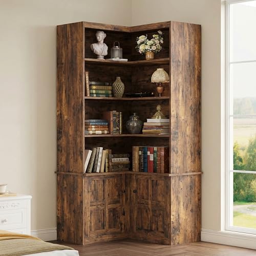 IRONCK Corner Bookshelf with Doors 6-Tier Tall Corner Bookcase with Storage Cabinet L-Shaped Corner Shelf for Living Room Home Office Vintage Brown