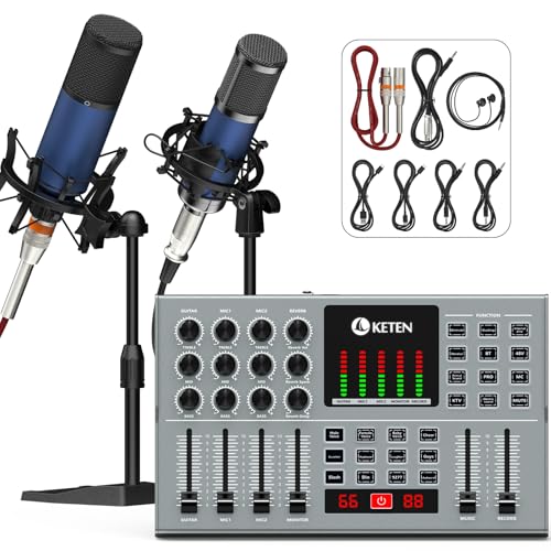 Podcast Equipment Bundle For 2, Keten Audio Interface with 48V & 3.5MM XLR Condenser Microphones for All-In-One DJ Mixer, Smartphone & PC, Perfect for Podcasting, Recording, Singing, Streaming, Gaming