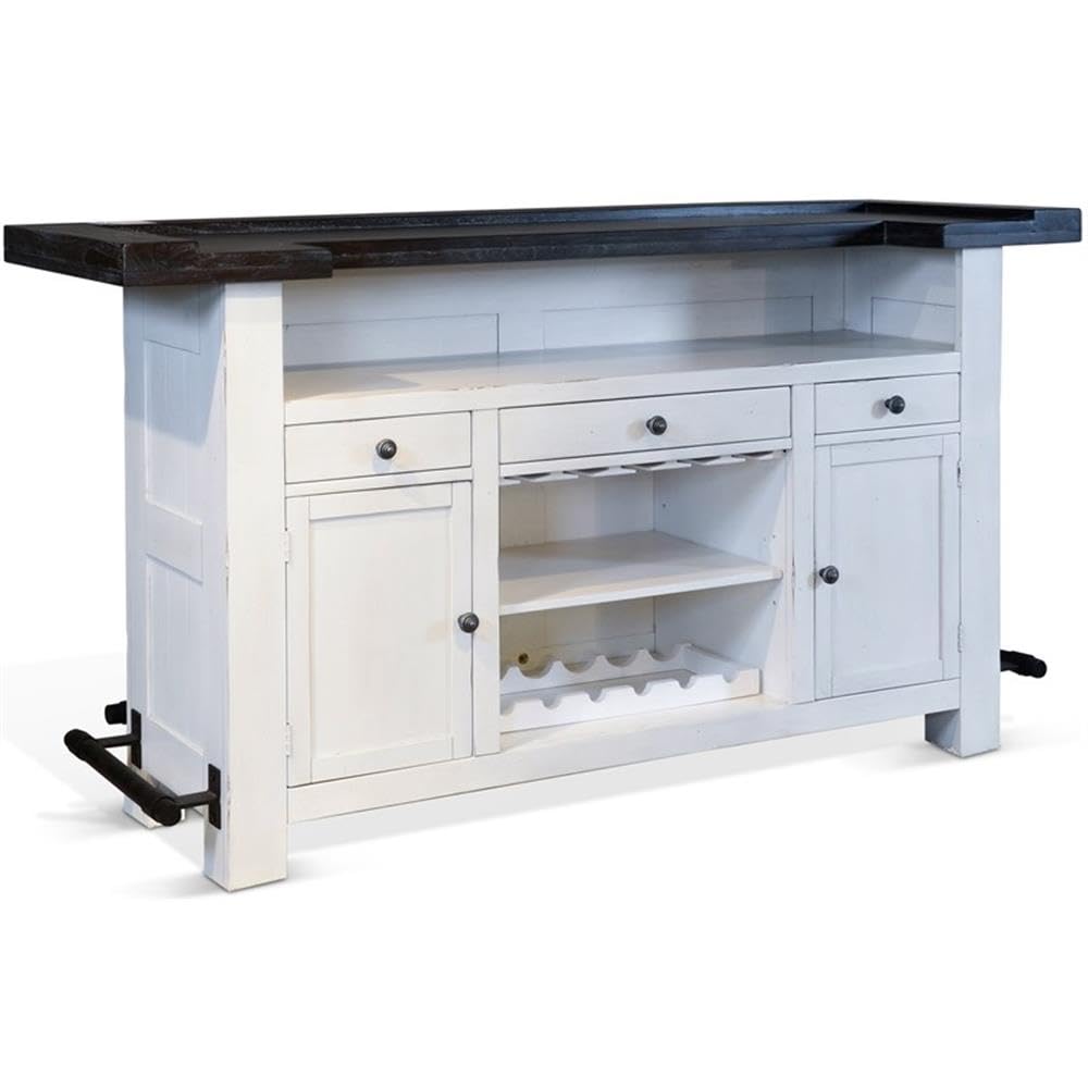 Sunny Designs Carriage House 78" Farmhouse Wood Bar Unit with Sides and Front Foot Rail, Removable Wine Storage Rack, Stemware Rack, Adjustable Shelves, in Dark Brown & White Finish