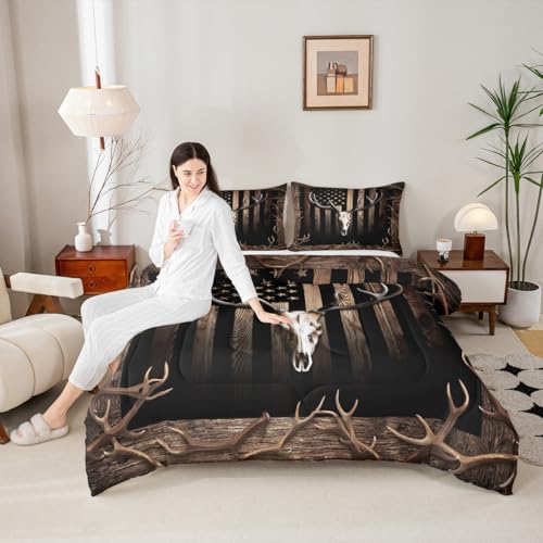 Deer Skull Comforter Set Queen Size,American Flag Bedding