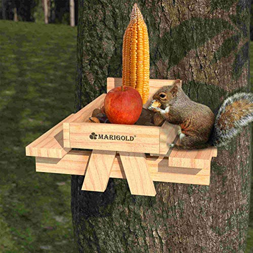 MARIGOLD Cedar Chipmunk Squirrel Feeder - Outdoor Squirrel Picnic Table Feeder with Apple or Corn Cob Holder, Squirrel Food Bench Feeding, Squirrel Munch Box Feeder Installed on Fence or Tree
