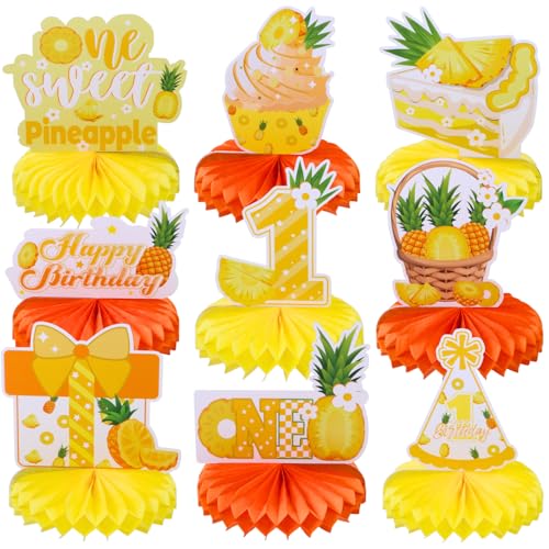 Image of 9pcs Summer Tropical Pineapple First Birthday Honeycomb Centerpieces Sweet One Pineapple Party Table Decorations Party Like A Pineapple Table Topper Sign Centerpieces for Baby Shower 1st Birthday