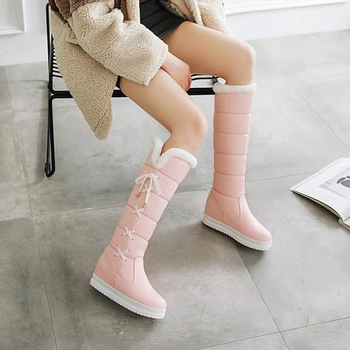 Winter Snow Boots for Women Waterproof Knee High Boots Women Wide Calf Waterproof Cross-Tied Wedges Platform Boots