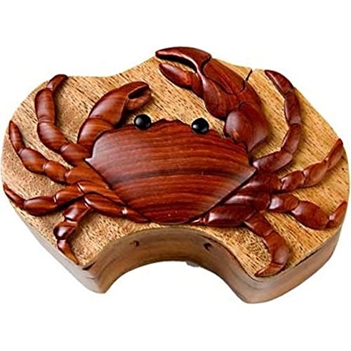 South Asian Handicrafts Crab - Intarsia Wood Puzzle Box - Handcrafted with Secret Compartment