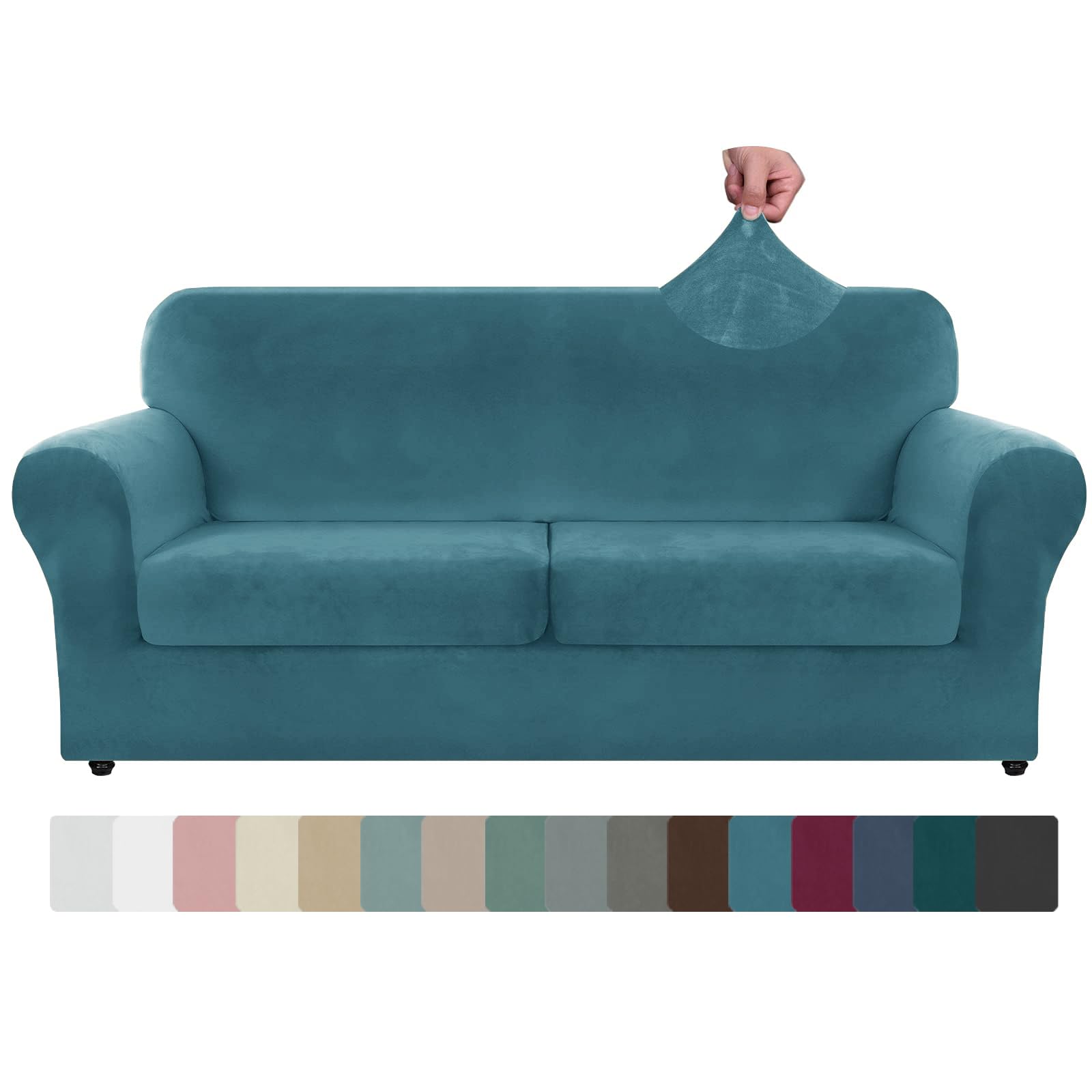 ZNSAYOTX Oversized Velvet 3 Piece Couch Cover with 2 Extra Large Seat Cushion Covers Stretch Sofa Cover for 2 Cushion Couch Thick Soft Loveseat Sofa