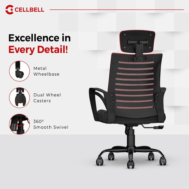 Image of CELLBELL Desire C104 Mesh High Back Ergonomic Office Chair - Adjustable Seat Height, Sturdy Metal Base, Revolving Study & Computer Chair for Work from Home, Red