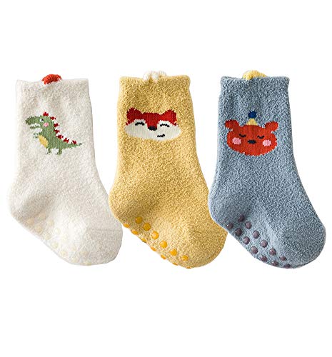 [InSomila] 動物柄 3足セット もこもこソックス キッズ 子供靴下 ふわふわ 防寒 ルーム靴下 防寒靴下 冬 厚手 可愛い 女の子 男の子 ルーム ベビー 赤ちゃん 滑り止め付き 新生児 通園 通学 キャラクター 睡眠 寒さ対策 (ホワイト ネイビー イエロー, S)