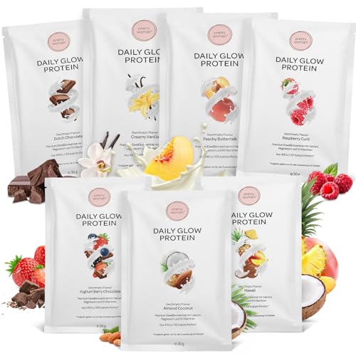 pretty woman® Daily Glow Protein Pulver Portionsbeutel-Set - 7x30g - Low Carb Shake mit Vitaminen & Mineralien, Biotin & Folsäure, wenig Zucker - Proteinpulver Probierpackung, Eiweißpulver Probierset