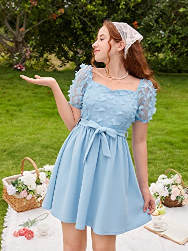 WDIRARA Girl's Butterfly Print Contrast Mesh Short Sleeve Square Neck Belted A Line Dress3