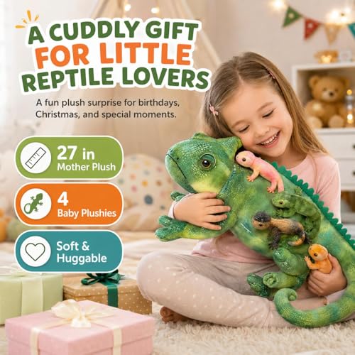 Image of Lizard Stuffed Animal with 4 Babies, 27 inch Chameleon Plush, Green