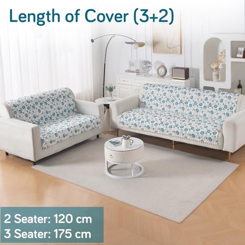 Image of HOKIPO Cerulean Bloom Quilted Sofa Cover 5 Seater with Tassels - (3+2) for Seat & Back | 'Tassel Twigs' Series (IN-991-T6 + IN-990-T6)