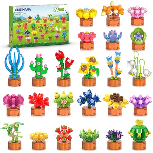 24 Pack Flowers Succulent Party Favors for Kids Building Set - 1012PCS Botanical Bonsai 3.6MM Mini Building Blocks Toy for Valentines Day Classroom Prize Stocking Stuffer Birthday Gift for Girl Boy 6+