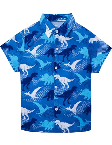 Image of Boys Hawaiian Shirt Kids Button Down Aloha Beach Hawaii Tops 5-14Y | Quick Dry, Breathable, Cooling & Lightweight, For Summer Vacation Holiday, Fourth of July, Youth, Teen, Shark, Dinosaur