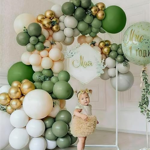 Image of PartyWoo Sage Green Balloons 140pcs Different Sizes Pack of 18 12 10 5 Inch Olive Eucalyptus Dusty Green Boho Neutral Balloon Arch Kit for Jungle Forest Dinosaur Birthday Party Decorations Green-F81