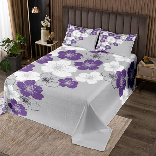 Loussiesd Juego de colcha floral para niños, colcha de flores moradas, colcha acolchada botánica para decoración de habitación, morado y blanco, acolchado con 1 funda de almohada