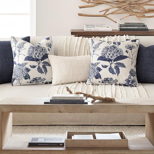 Image of Foindtower Set of 2 Linen Floral Vintage Throw Pillow Covers Neutral Accent Print Decorative Cozy Cushion Covers Farmhouse Boho Home Decor for Sofa Chair Couch Bed Living Room,18x18 Inch,Navy Blue