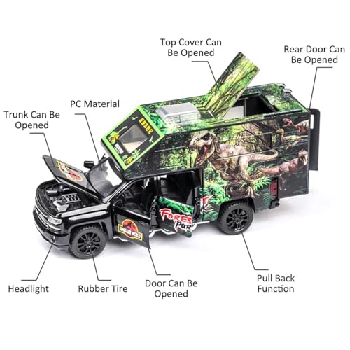 Image of Forest Park 1:32 Diecast Car Model Die Cast Metal Car Jurassic Dinosaurs World Transport Truck Light Sound Openable Door Pull Back
