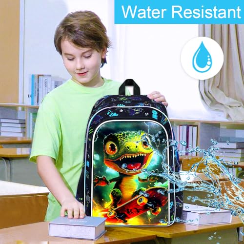 Image of 3Pcs Dinosaur Backpack for Boy, 16 inch Bookbag with Lunch Box, Kids School Backpacks for Elementary Preschool Kindergarten (Black)